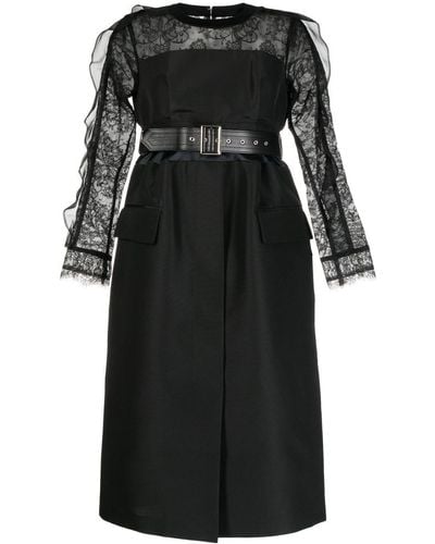 Sacai Lace-trim Belted Midi Dress - Black
