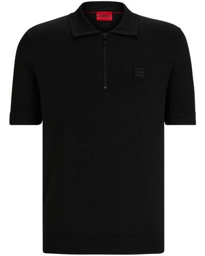 HUGO Logo-appliqué Zip-up Polo Shirt - Black