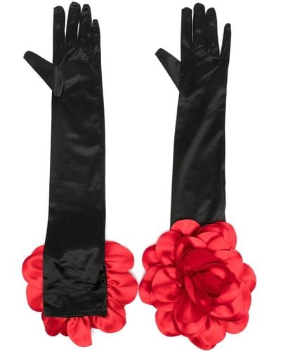 Parlor Floral-appliqué Satin Gloves - Red