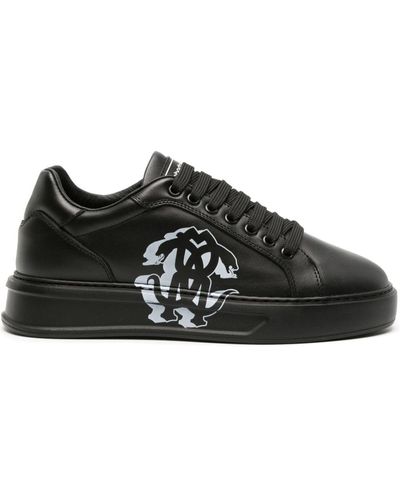 Roberto Cavalli Mirror Snake Logo-print Leather Sneakers - Black