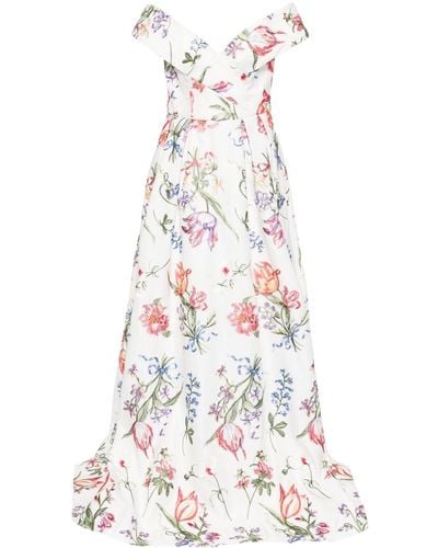 Marchesa Alex Floral-embroidered Gown - White