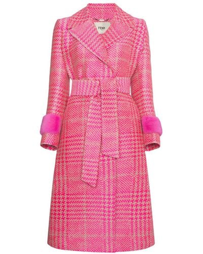 Fendi Houndstooth Double Breasted Coat With Mink Cuff - Pink