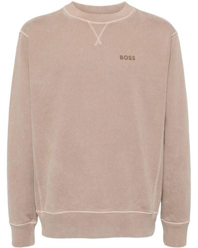 BOSS Logo-print Crew-neck Cotton Sweatshirt - Natural