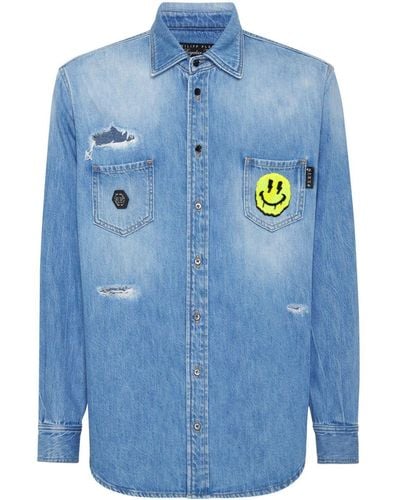 Philipp Plein Logo-plaque Ripped Denim Shirt - Blue