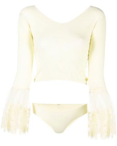 Patou Ribbed-knit Lace-cuff Blouse - Yellow