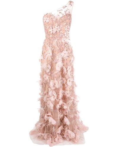 Marchesa Feather-embellished Floral Embroidred Gown - Pink