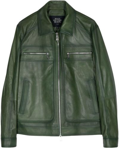 MAN ON THE BOON. Zipped Leather Jacket - Green