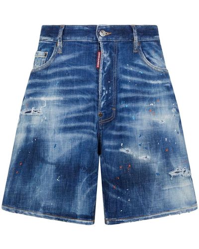 DSquared² Paint-Splatter Denim Shorts - Blue