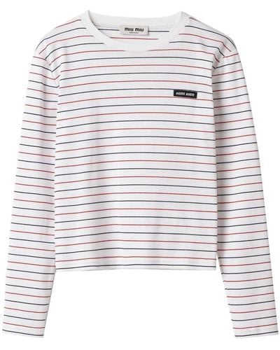 Miu Miu Logo-appliqué Striped T-shirt - White