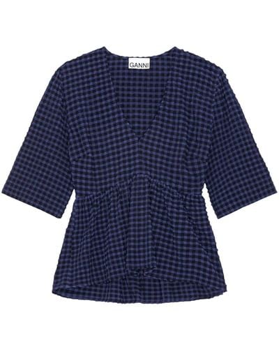 Ganni Seersucker-texture Peplum Blouse - Blue