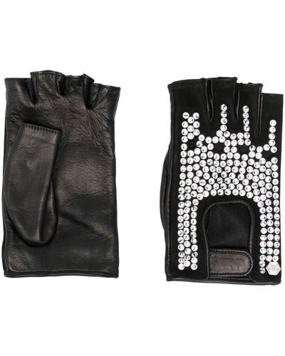 Philipp Plein Crystal-embellished Leather Gloves - Black