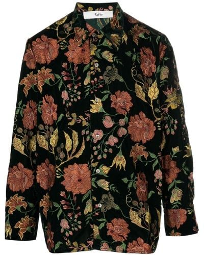 Séfr Marcel Floral-embroidered Velour Shirt - Black