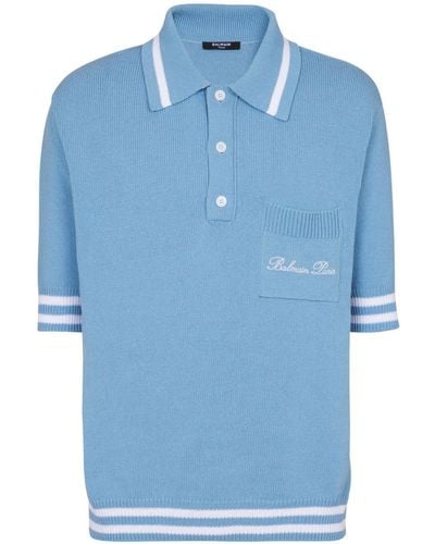 Balmain Logo-embroidered Knitted Polo Shirt - Blue