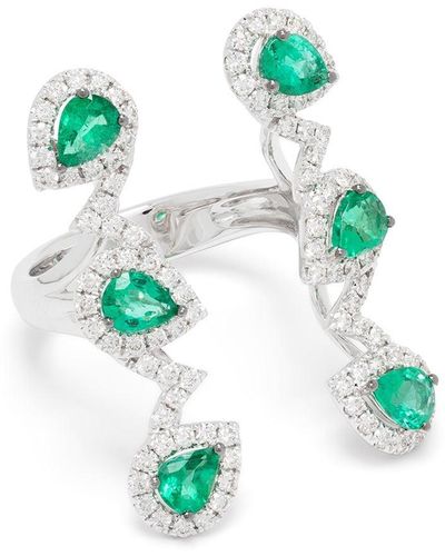 Stefere 18kt White Gold Diamond Emerald Structured Ring