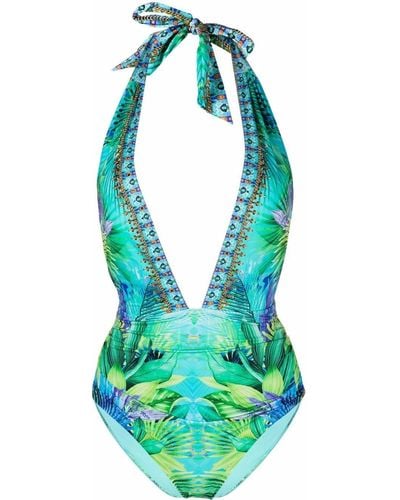 Camilla Whats Your Vice-print Halterneck Swimsuit - Green