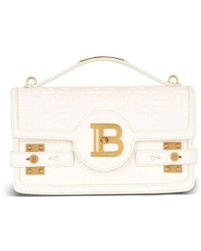 Balmain B-buzz 24 Bag In Beige Grained Leather With Monogram - Natural