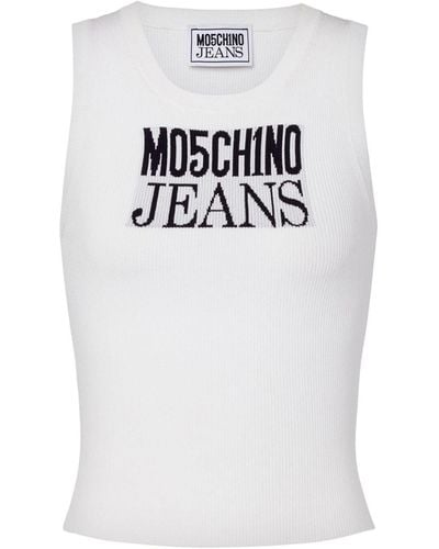 Moschino Jeans Geripptes Tanktop mit Logo-Print - Weiß