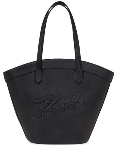 Karl Lagerfeld Medium Signature Tulip Leather Tote Bag - Black