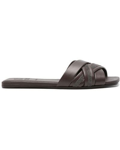 Brunello Cucinelli Beaded Leather Flat Sandals - Brown