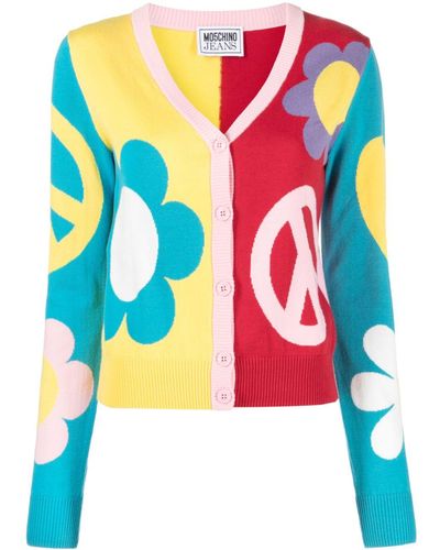 Moschino Jeans Patterned-intarsia Cotton Cardigan - Blue