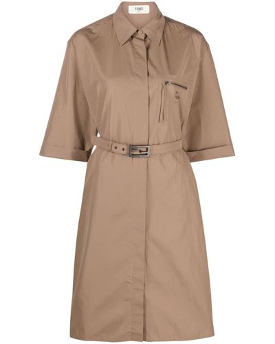 Fendi Belted Cotton Shirtdress - Natural