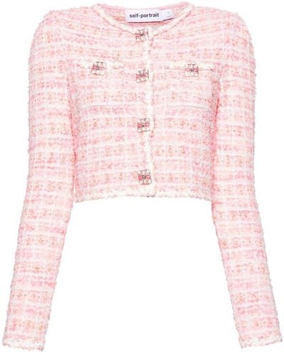 Self-Portrait Checked Bouclé Knitted Cardigan - Pink