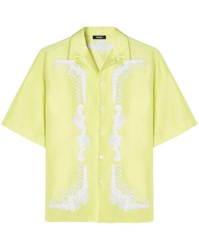 Versace Floral-embroidered Short-sleeve Shirt - Yellow
