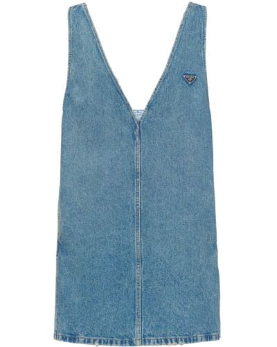Prada V-neck Low-back Denim-chambray Mini Dress - Blue