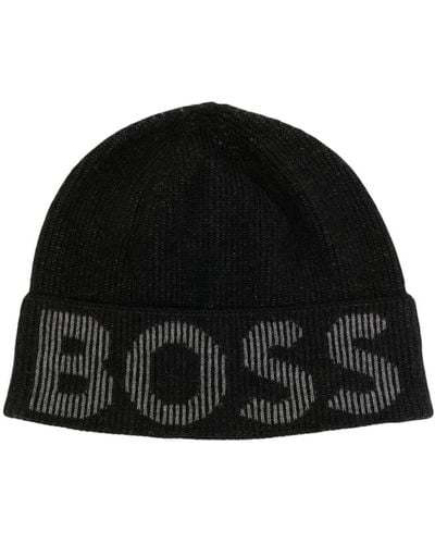 BOSS Logo-print Knitted Beanie - Black
