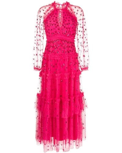 Needle & Thread Sequin-embellished Sheer-sleeves Gown - Pink