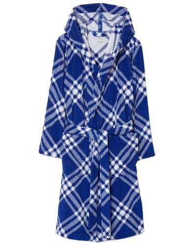 Burberry Check-print Hooded Cotton Robe - Blue
