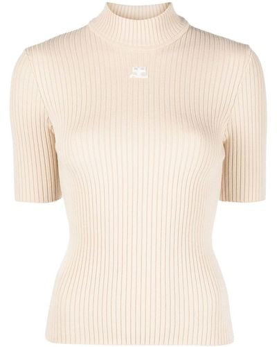 Courreges Embroidered Logo Ribbed Knitted Top - Natural