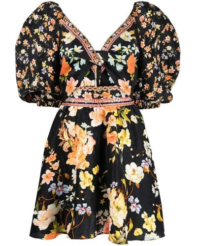Camilla Floral-print Puff-sleeved Dress - Black