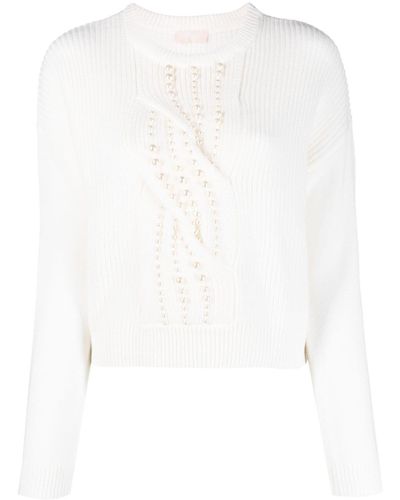 Liu Jo Pearl-embellished Cable-knit Jumper - White