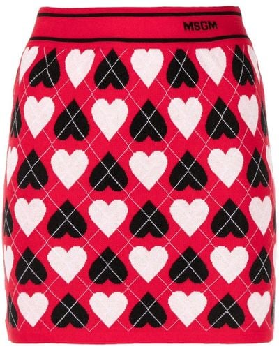 MSGM Heart-print Intarsia-knit Skirt - Red