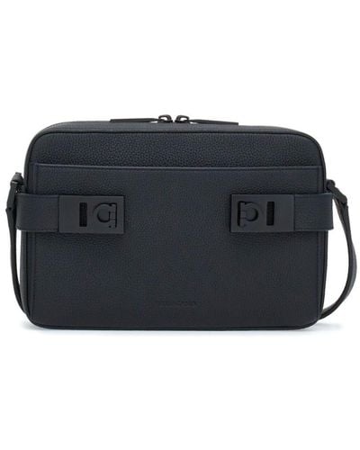 Ferragamo Gancini Buckle Embellished Leather Shoulder Bag - Black