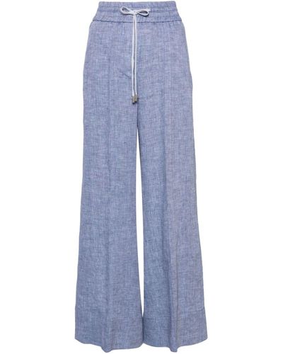 Peserico Pantalon ample en lin à taille haute - Bleu