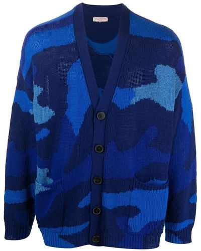 Valentino Garavani Cardigan en laine vierge à motif camouflage - Bleu