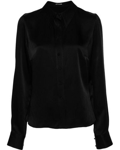 Styland Button-up Satin Shirt - Black