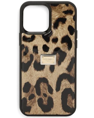 Dolce & Gabbana Coque pour iPhone 14 Pro Max en cuir de veau brillant à imprimé léopard - Neutre
