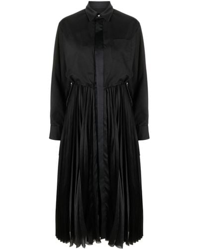 Sacai Robe-chemise mi-longue à design plissé - Noir