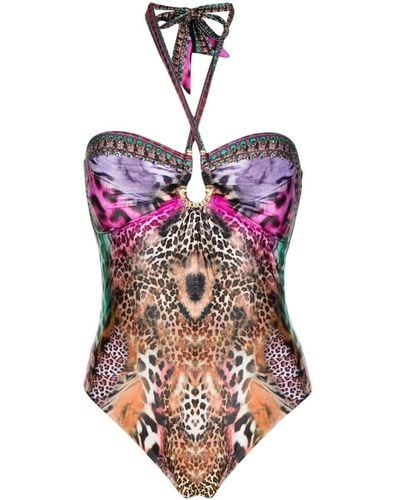 Camilla Animal-print Halterneck Swimsuit - Brown