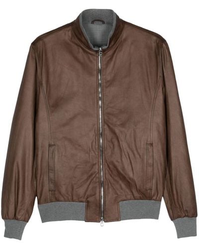 Barba Napoli Zipped Leather Bomber Jacket - Brown