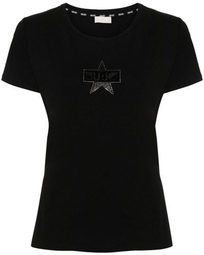 Liu Jo Crystal-embellished Logo-tape T-shirt - Black