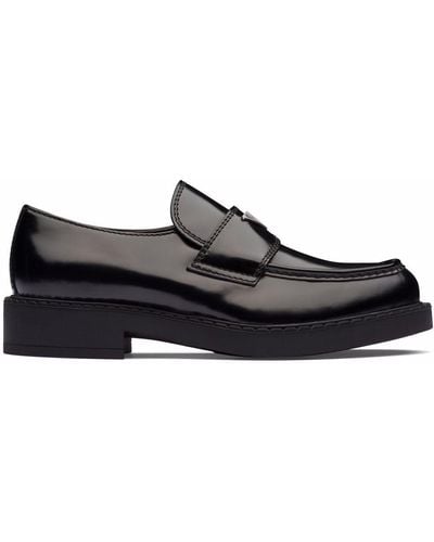 Prada Chocolate Brushed Leather Loafers Shoes - Black