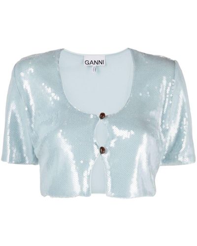Ganni Sequin-embellished Cropped Blouse - Blue