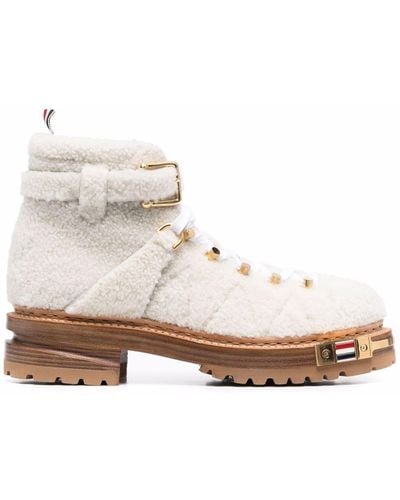 Thom Browne Shearling Logo-plaque Lace-up Boots - Natural