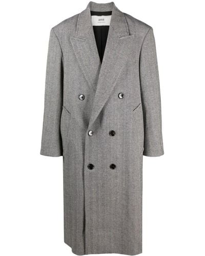 Ami Paris Herringbone-pattern Double-breasted Coat - Gray