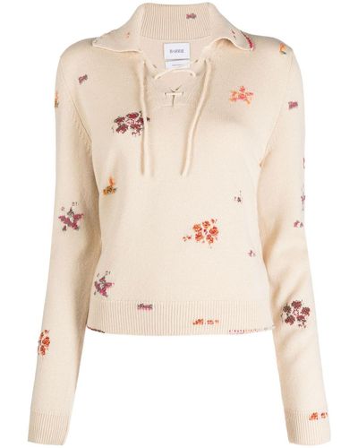 Barrie Floral-pattern Lace-up Sweater - Natural