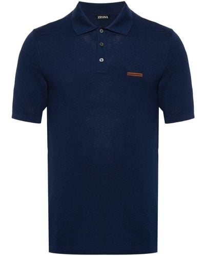 Zegna Stripe-embroidery Cotton Polo Shirt - Blue